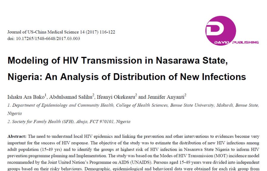 Modeling of HIV Transmission in Nasarawa State, Nigeria: An Analysis of Distribution of New Infections